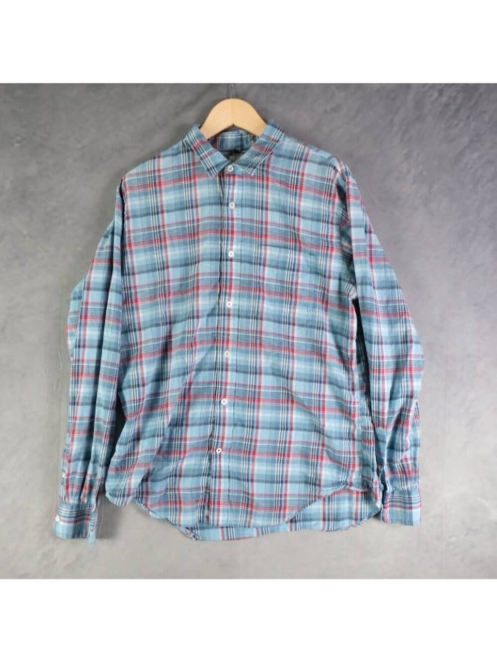 Relwen Shirt Mens Large Blue Red White Plaid Flyweight Flex Button Up